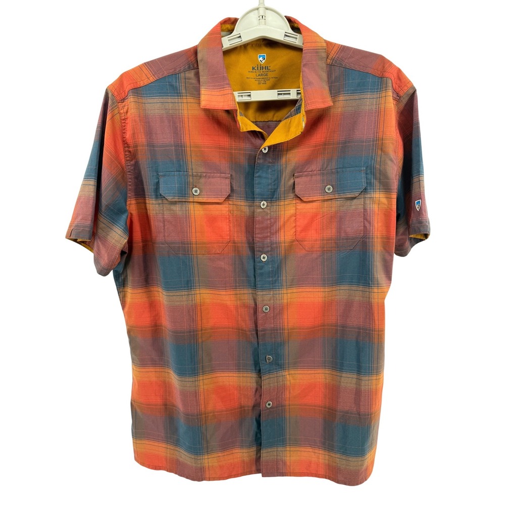 Kuhl Response Button Up Mens Short Sleeve Plaid Shirt Orange Blue Large